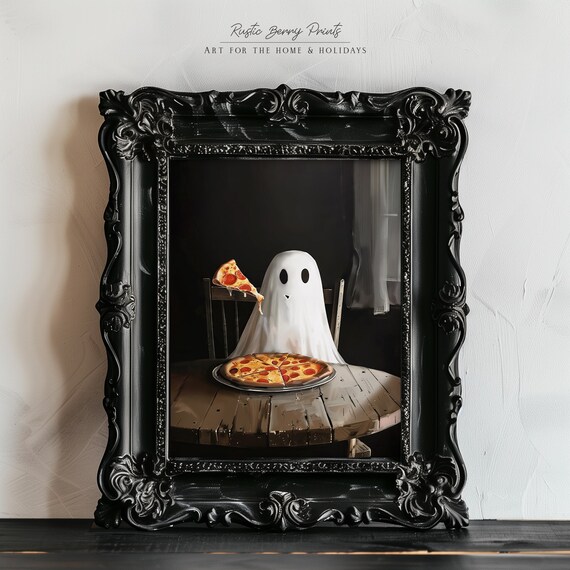 Funny Ghost Eating Pepperoni Pizza Dark Moody Halloween Food Wall Art