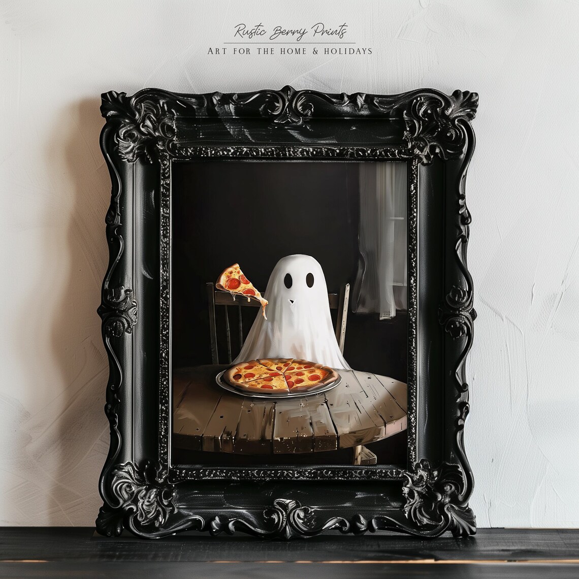 Funny Ghost Eating Pepperoni Pizza Dark Moody Halloween Food Wall Art