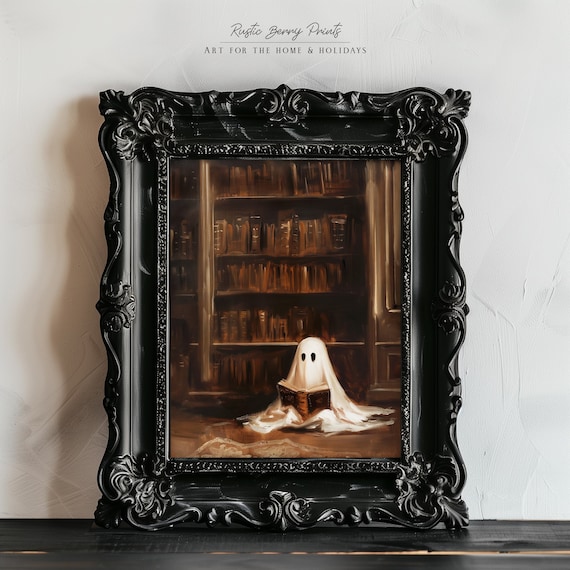 Ghost Reading in Dark Library Bookish Halloween Painting Poster