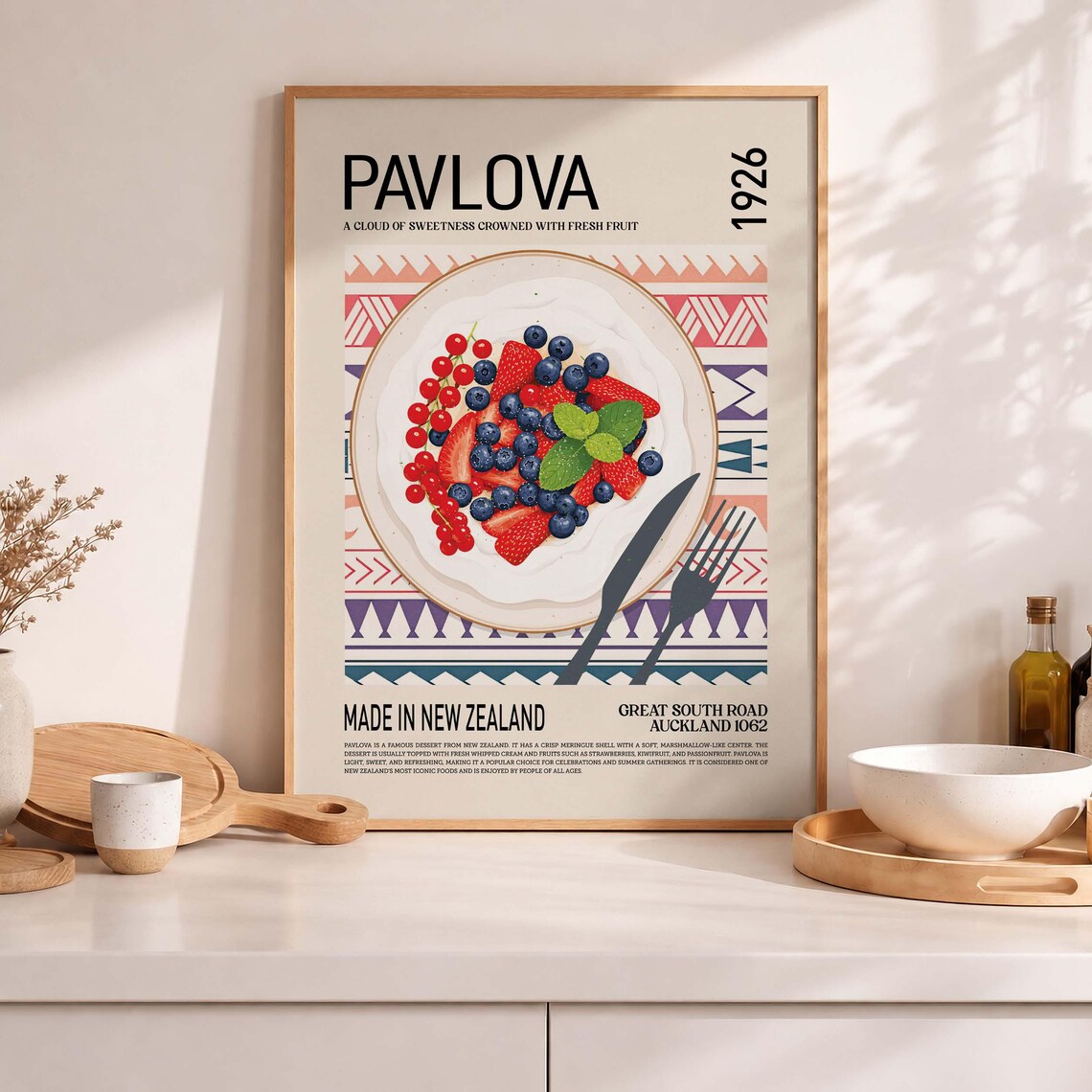 Pavlova Dessert, New Zealand Vintage Illustration