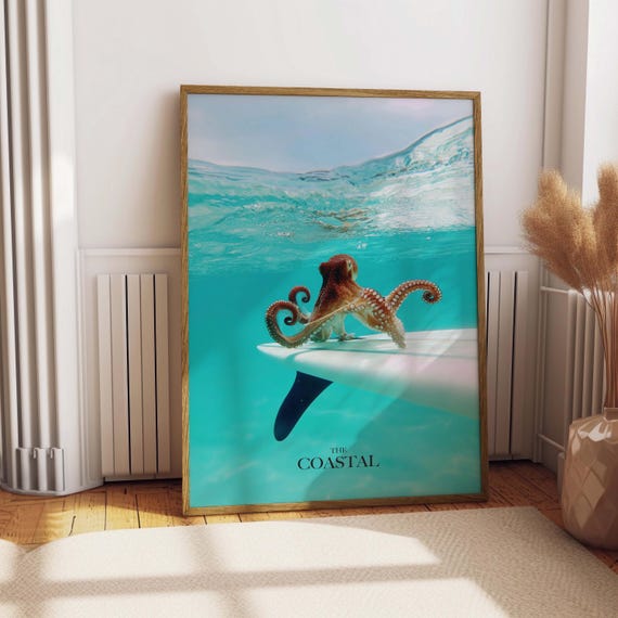 Octopus Surf Art Print Coastal Beach House Decor Digital Download