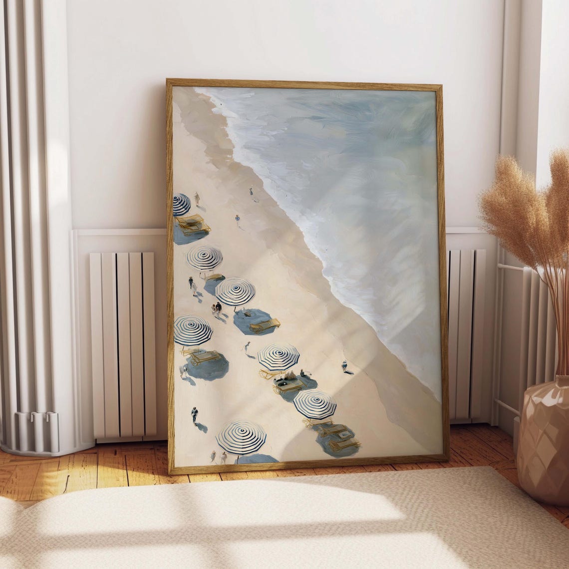 Aerial Beach Scene Striped Umbrellas Coastal Summer Art Print