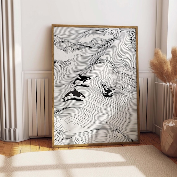 Orca Line Art Print, Marine Life Illustration