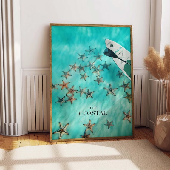 Starfish Print Coastal Beach House Art Turquoise Ocean Paddleboard Digital Download