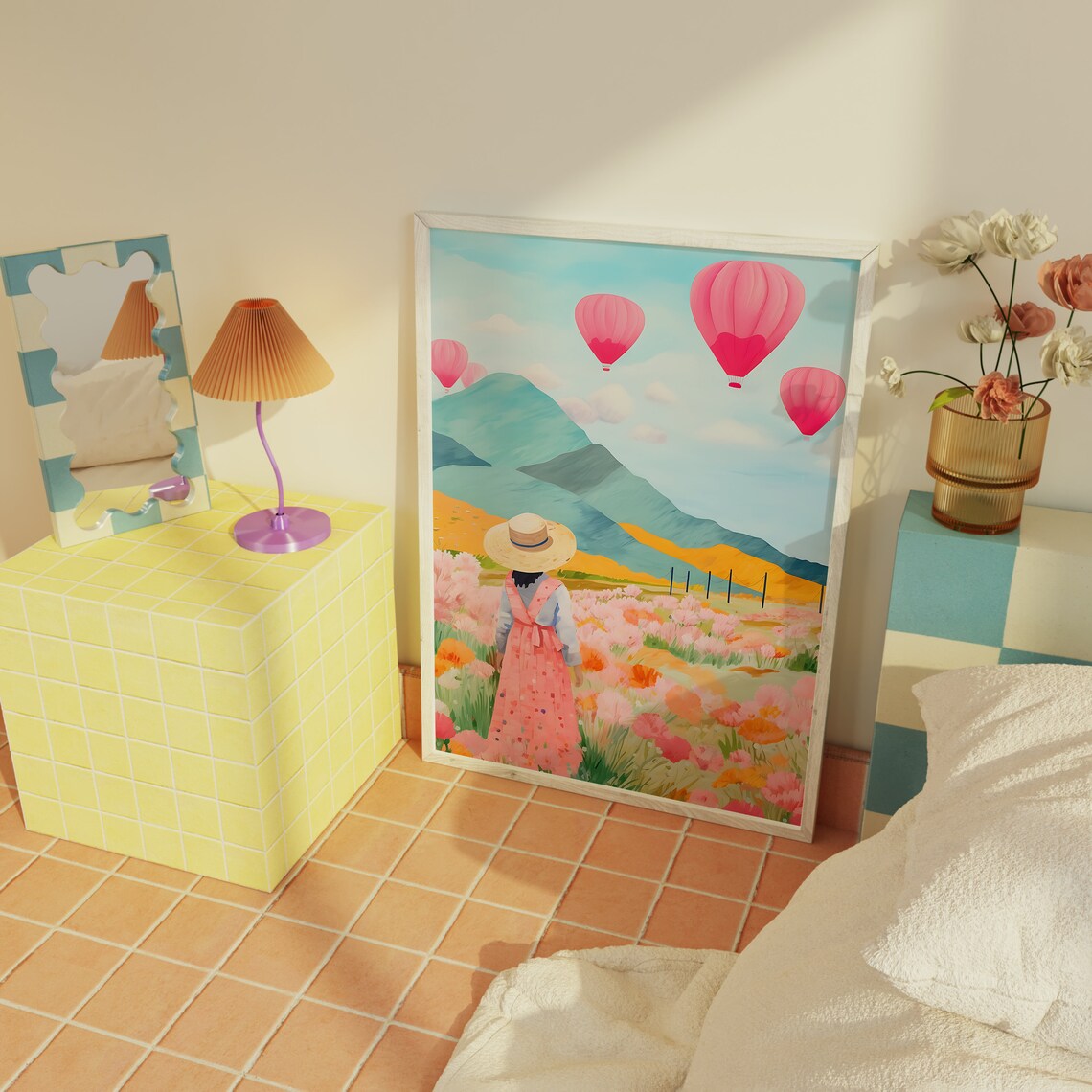 Colorful Meadow Hot Air Balloon Art Print - Image 2