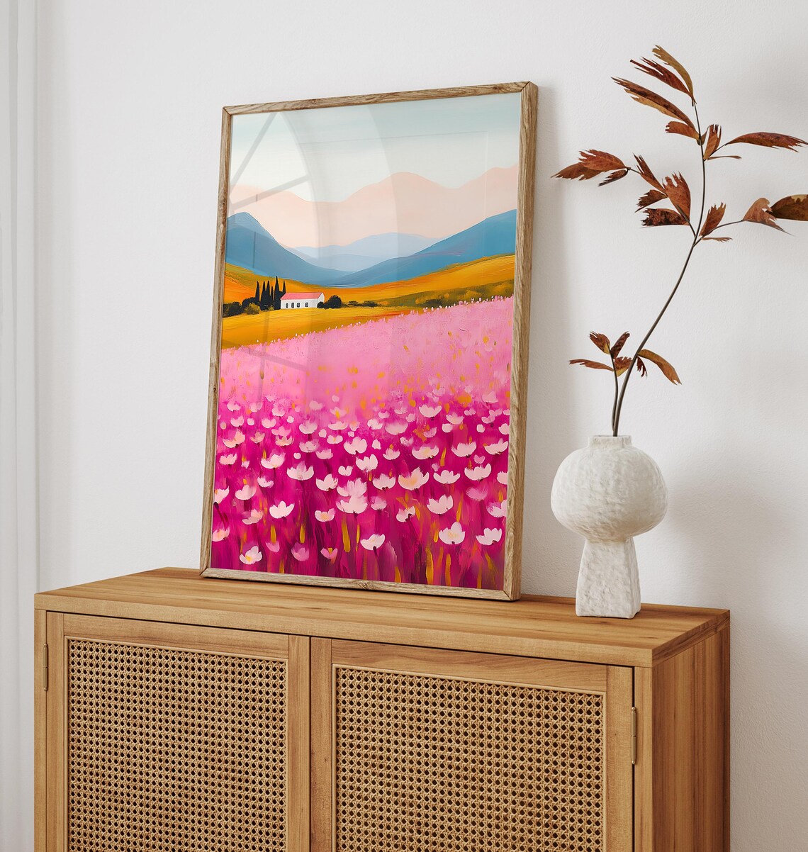 Dreamy Pink Wildflower Field With Farmhouse And Mountains Poster - Image 3