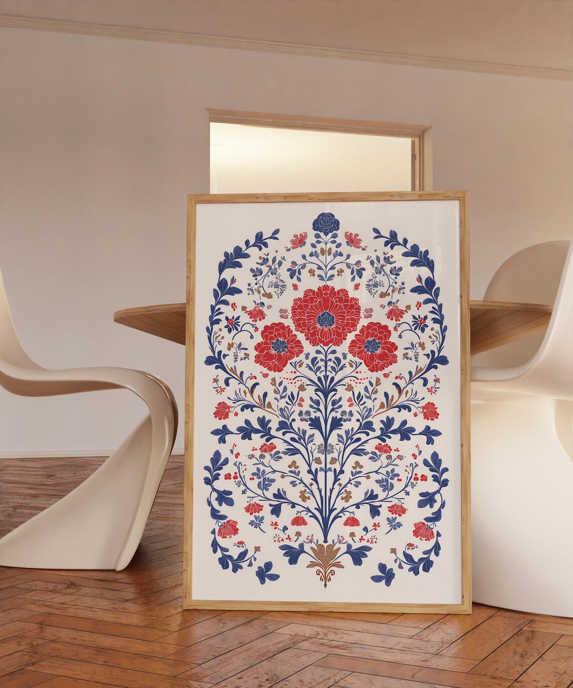 Vintage Botanical Floral Illustration Poster In Red And Blue Tones