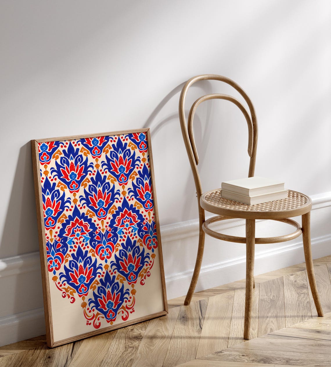 Vintage Turkish Iznik Floral Damask Pattern Blue Red Gold Wall Art - Image 3