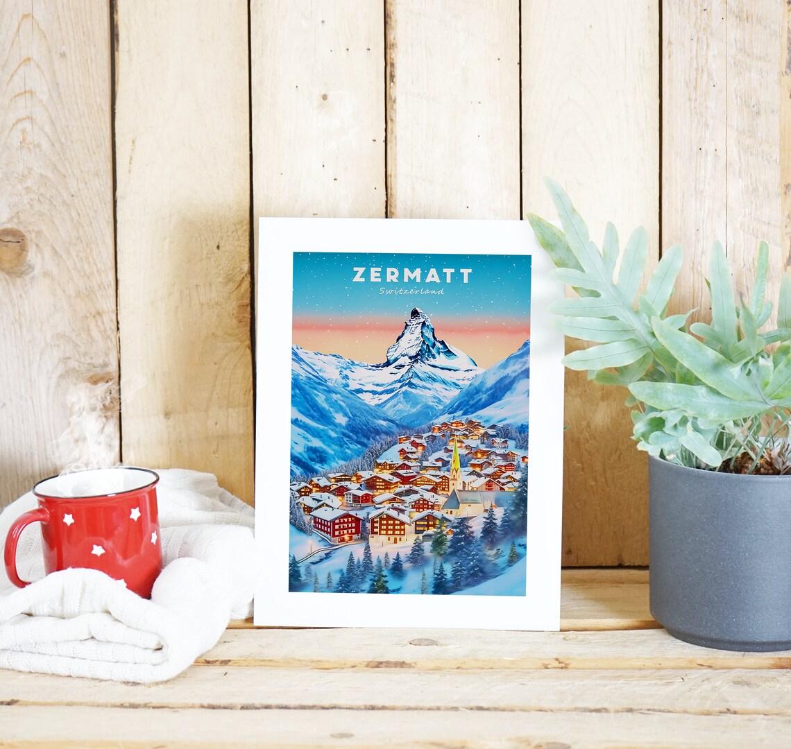 Zermatt Switzerland Travel Poster, Snow Illustration - Image 2