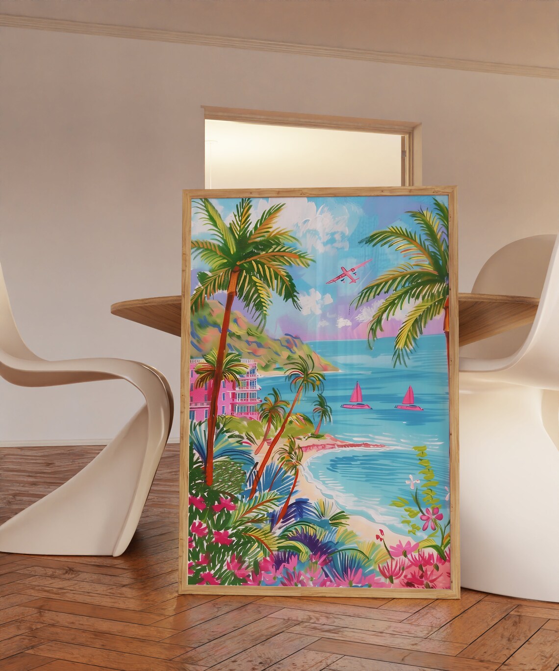 Tropical Palm Beach With Pink Sailboats And Hotel Building Art Print - Image 3
