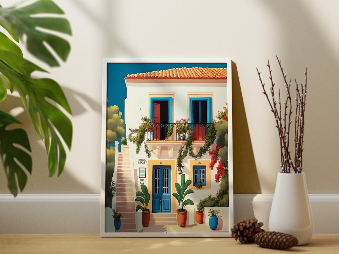 Greek Villa White House Blue Doors Bougainvillea Terrace Print - Image 3