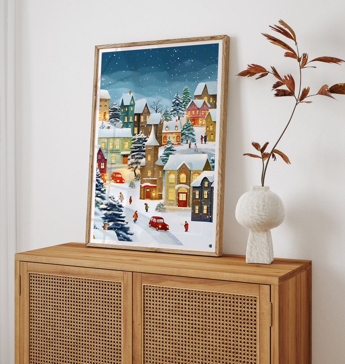Snowy Winter Village Christmas Night Cozy Town Scene Wall Art - Image 2