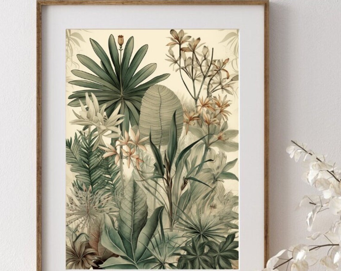 Vintage Botanical Jungle Leaves Illustration Green Tropical Art Print