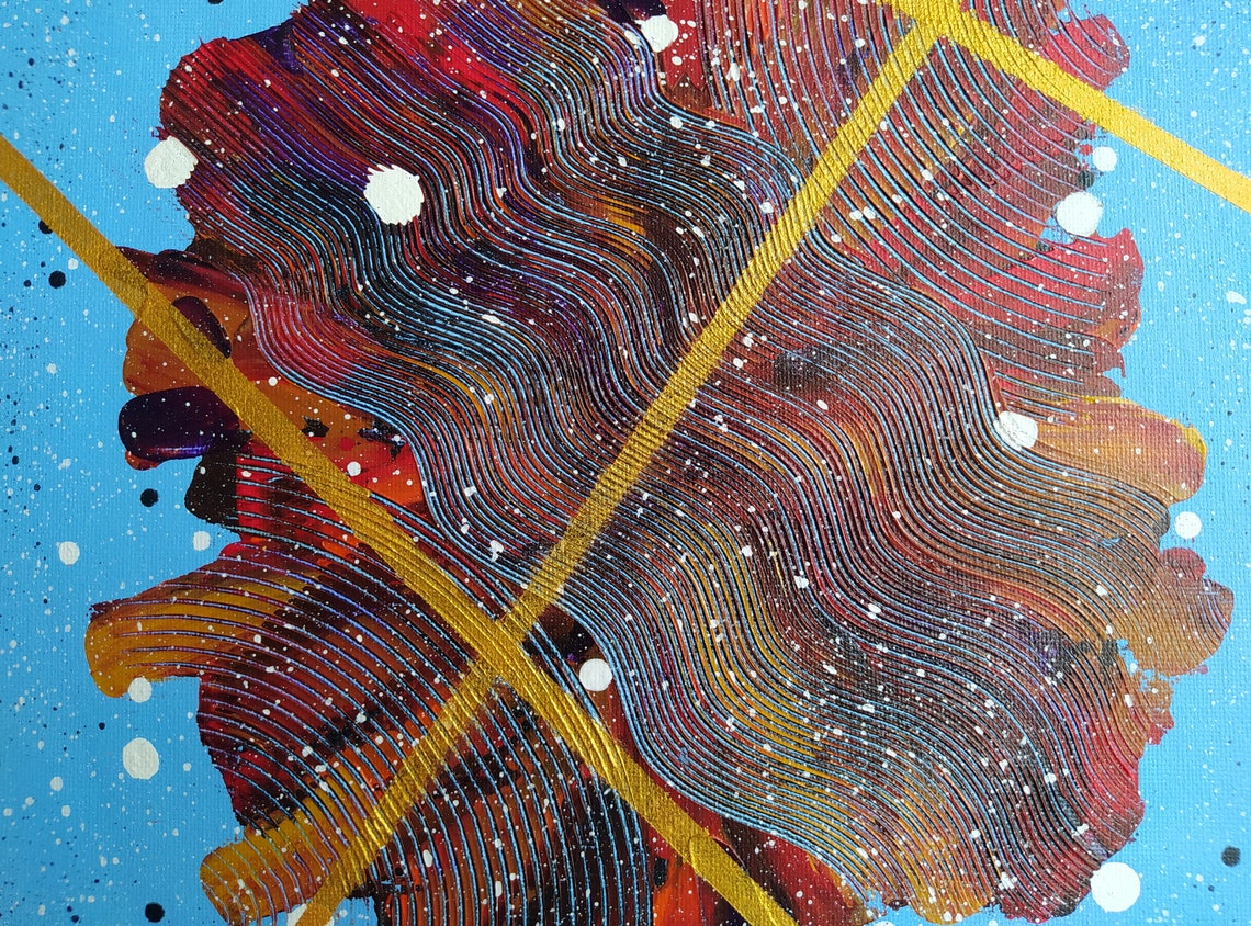 Blue Diamond Canvas Red Gold Abstract Geometric Splatter Art Print - Image 2