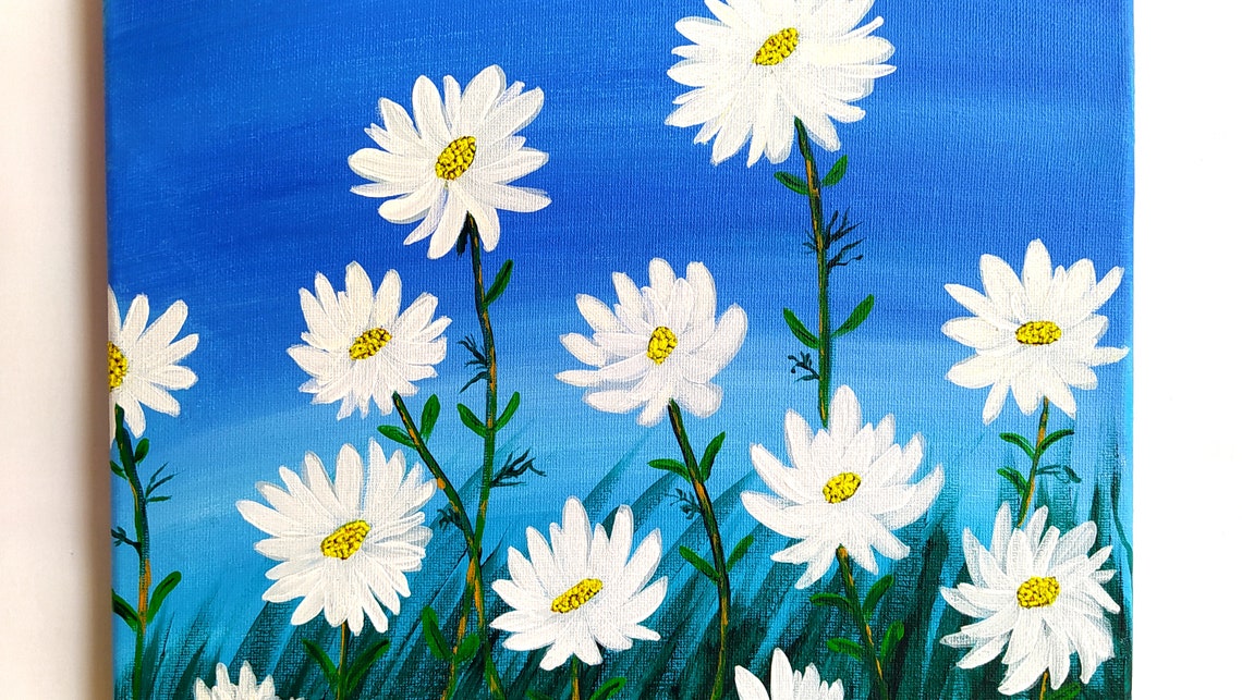 White Daisy Flowers Blue Sky Meadow Floral Painting Botanical Wall Art - Image 3