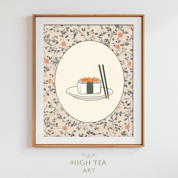 Modern Ikura Sushi Illustration Chopsticks Japanese Kitchen Art Print