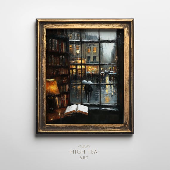 Vintage 19th Century Bookstore Window Rainy Overcast City Art Print Cozy Quaint Books Lampshade Muted Hta185
