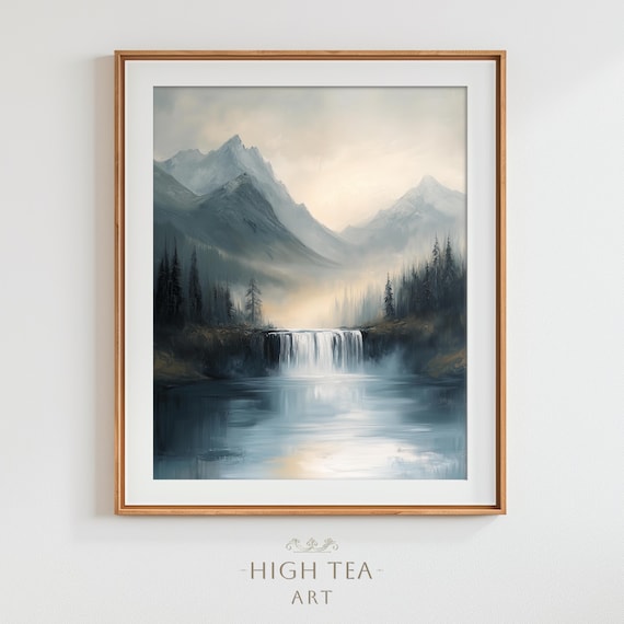 Misty Waterfall Oil Painting Mountain Lake Tranquil Nature Landscape Print