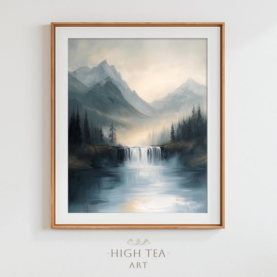 Waterfall Oil Painting Art Print Rustic Nature Misty Mountains Neutral Muted Tranquil Lake Moody Waterscape Hta133