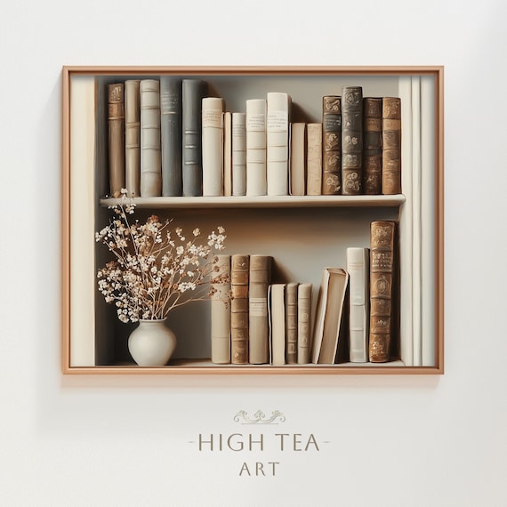 Neutral Bookshelf Vintage Books Vase Dried Flowers Oil Painting Poster