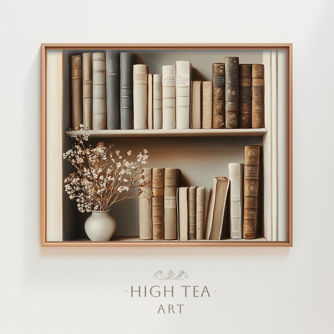 Neutral Bookshelf Vintage Books Vase Dried Flowers Oil Painting Poster