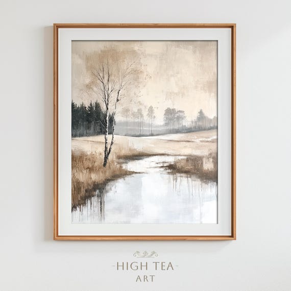 Vintage Country Landscape Oil Painting Art Print Trees Field River Muted Neutral Earthy Nature Decor Hta243
