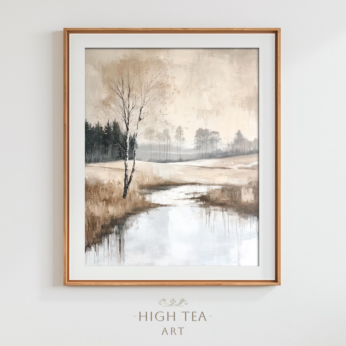 Serene Riverside Birch Tree Misty Countryside Vintage Oil Painting Print