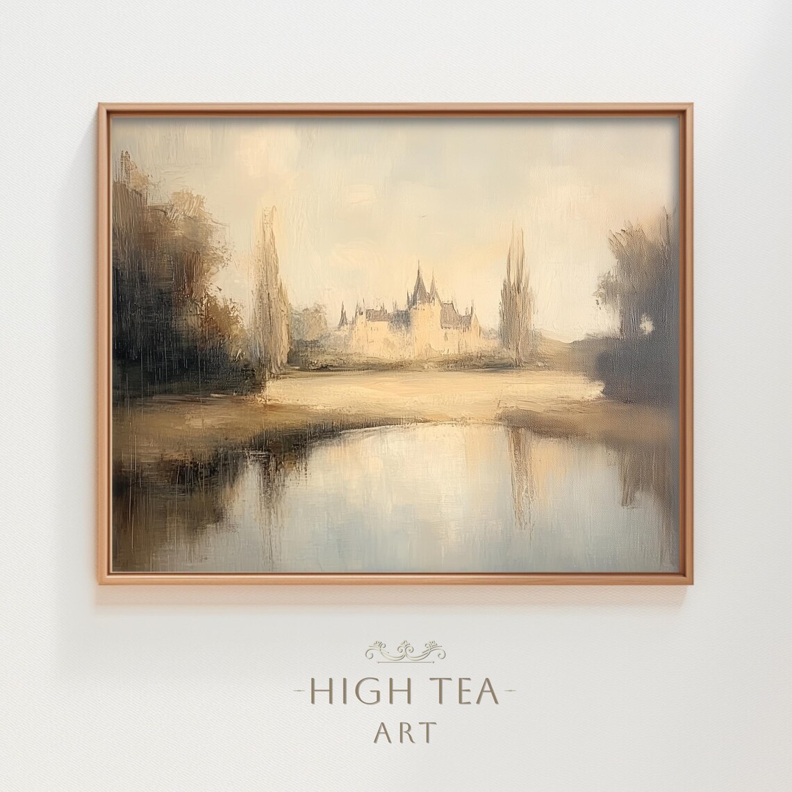 Vintage French Chateau Oil Painting Countryside Manor Pond Landscape Poster