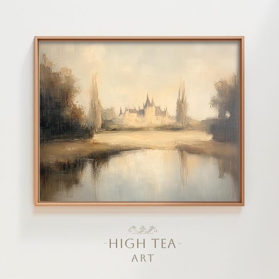 Vintage Chateau Oil Painting Art Countryside Landscape Manor Neutral Muted Country Pond Print Hta347