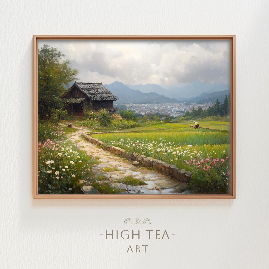 Moody Japan Countryside Rice Farm Oil Painting Landscape Poster
