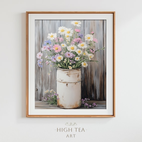 Botanical Oil Painting Vintage Pastel Flowers Bucket Art Print Rustic Charm Farmhouse Wall Decor Hta285