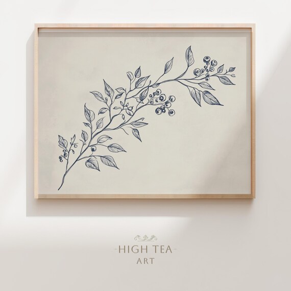 Minimal Branch Blue Ink Sketch Art Print Neutral Simple Blueberry Plant Drawing Illustration Decor Hta404