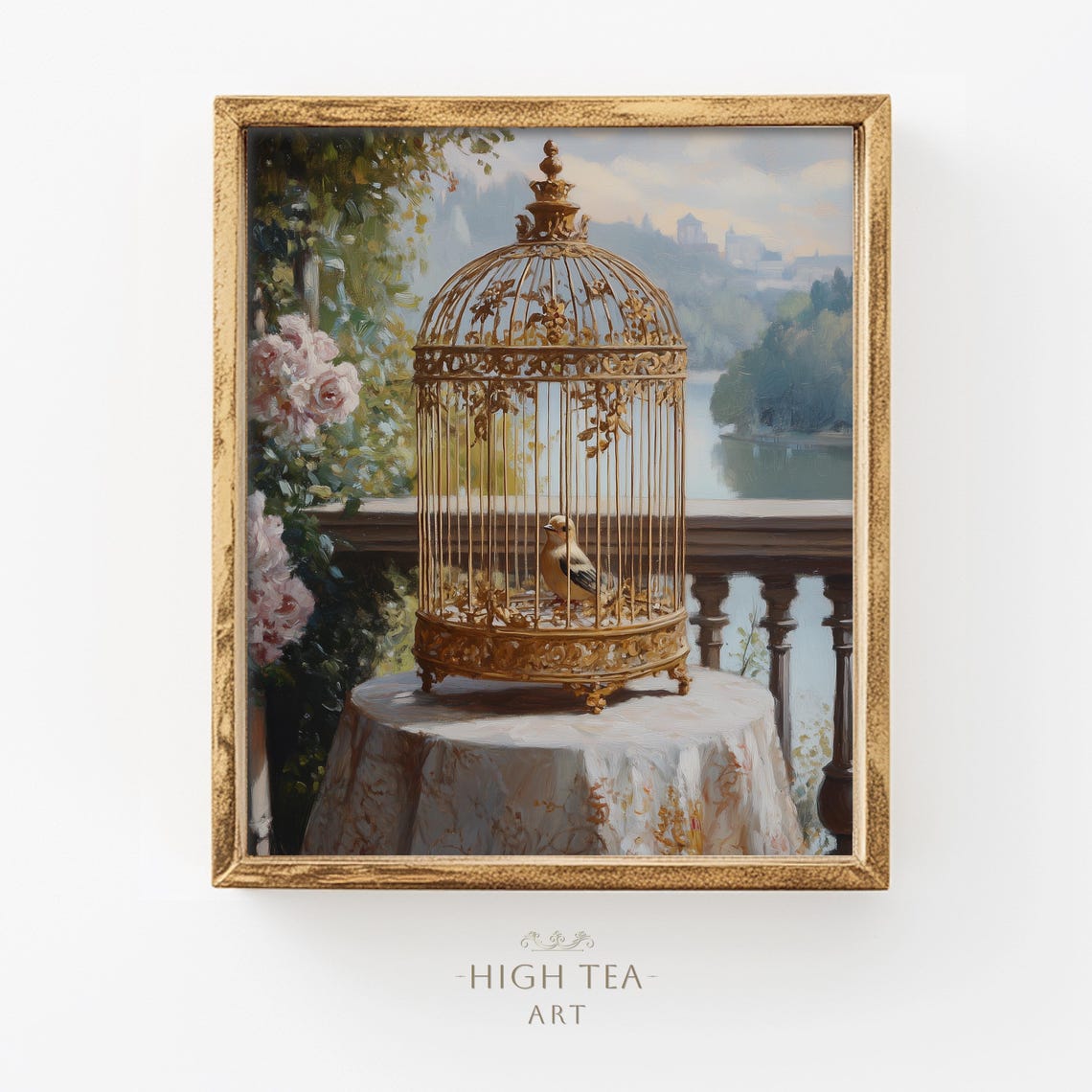 Golden Birdcage With Bird on Sunlit Terrace Still Life Poster