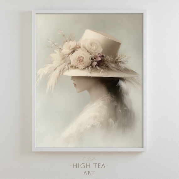 Vintage Delicate Lady Elegant Feather Rose Hat Oil Painting Print