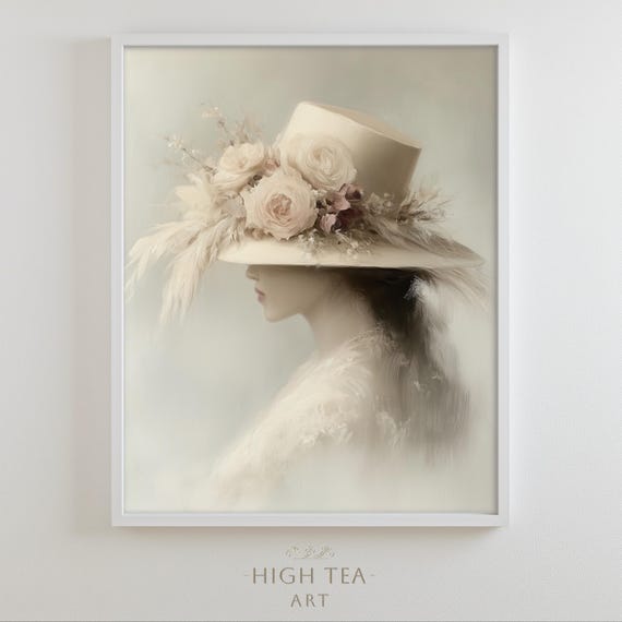 Vintage Lady Elegant Flower Feather Hat Oil Painting Art Print Delicate 19th Century Soft Woman Abstract Floral Hta150