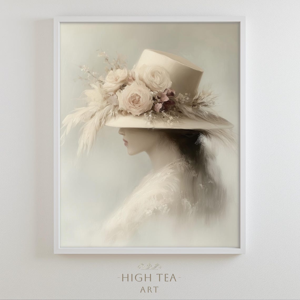 Vintage Delicate Lady Elegant Feather Rose Hat Oil Painting Print