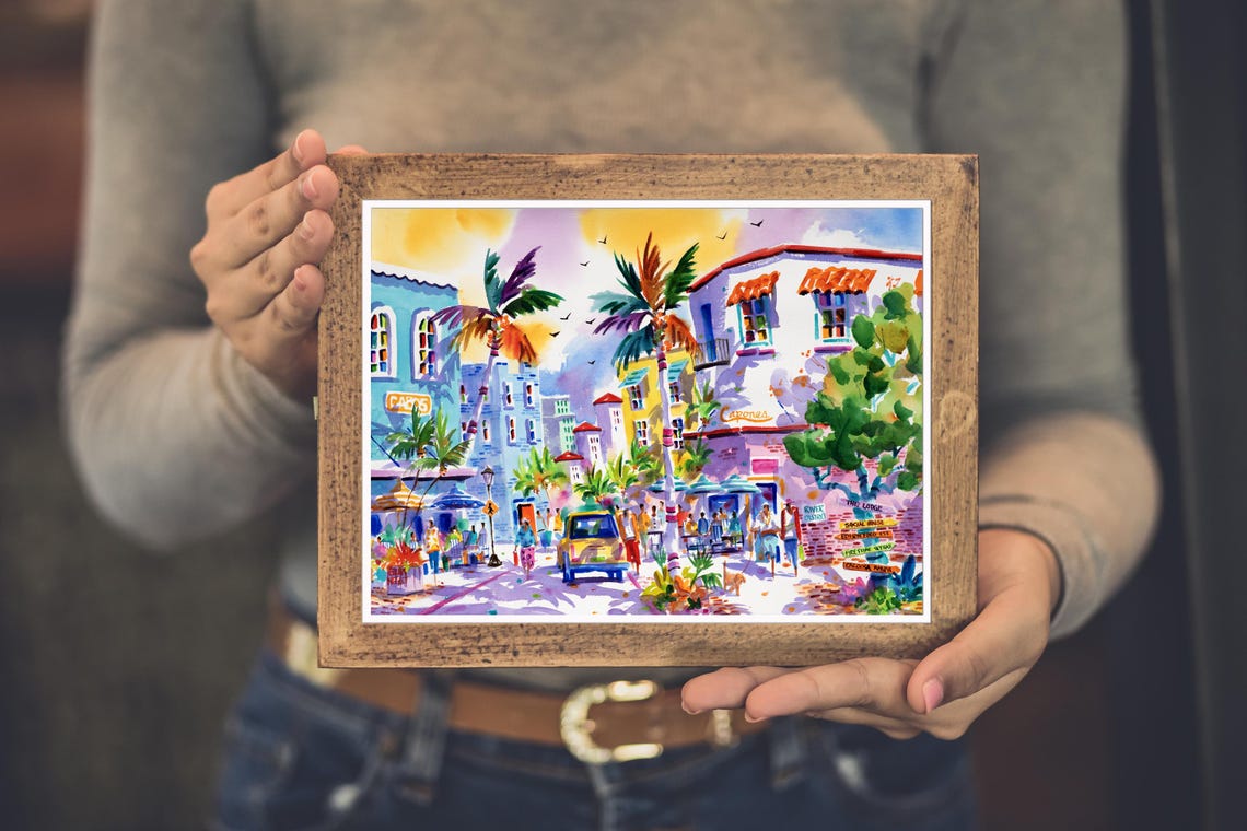 Fort Myers River District Street Scene with Shops and Palms Poster - Image 2
