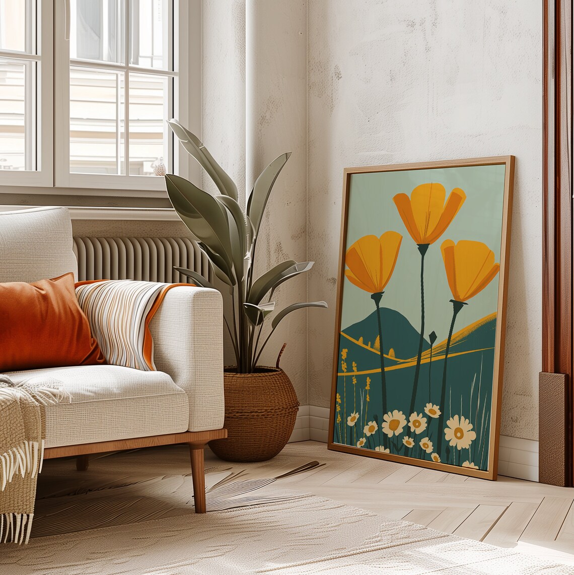 California Poppies Daisy Field Green Hills Retro Travel Poster - Image 3