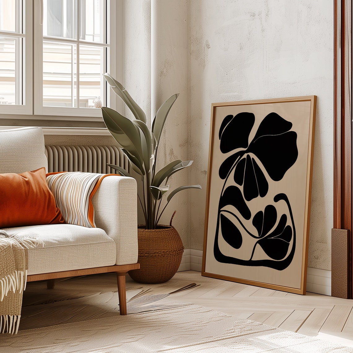 Moody Black Botanical Abstract Beige Modern Minimalist Wall Poster - Image 2