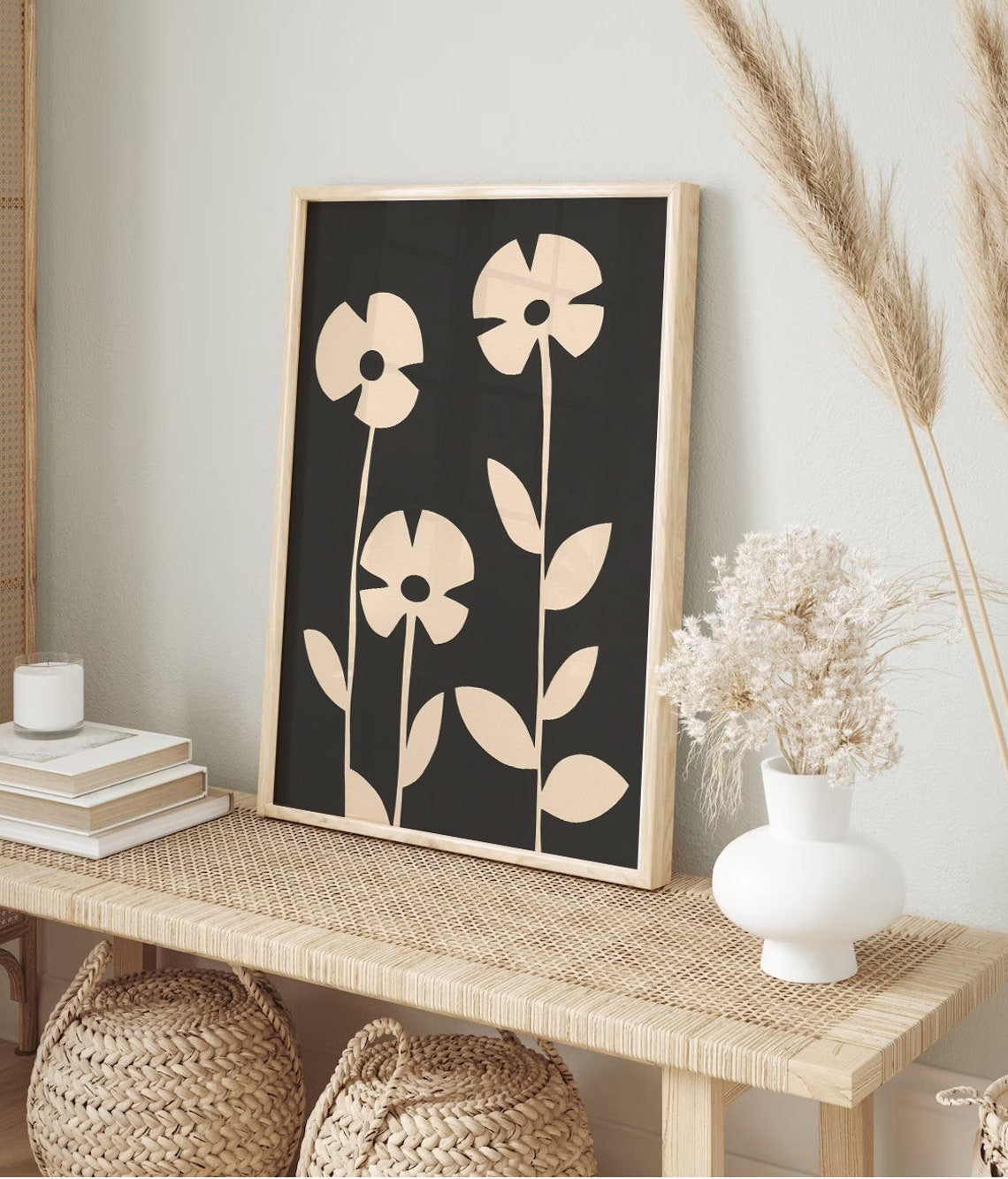 Beige Flowers Black Background Mid Century Modern Floral Poster - Image 3