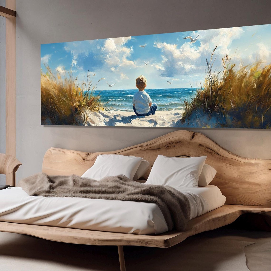Little Boy On Beach Seaside Grass Coastal Painting Travel Wall Poster
