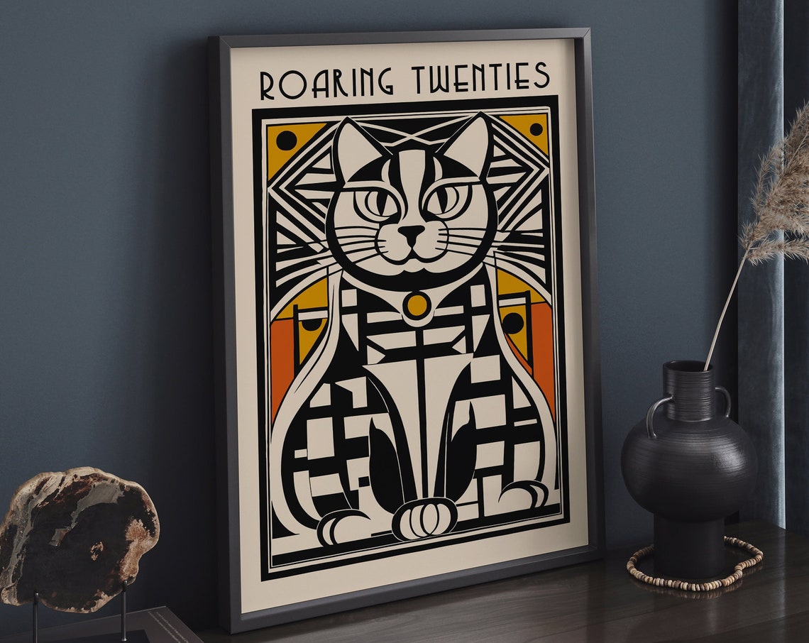 Art Deco Geometric Cat Roaring Twenties Black and Orange Poster