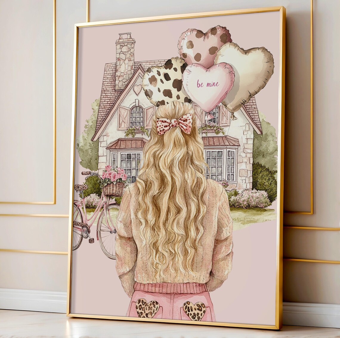 Blonde Girl Heart Balloons Cottage Pink Bicycle Valentine Poster - Image 4