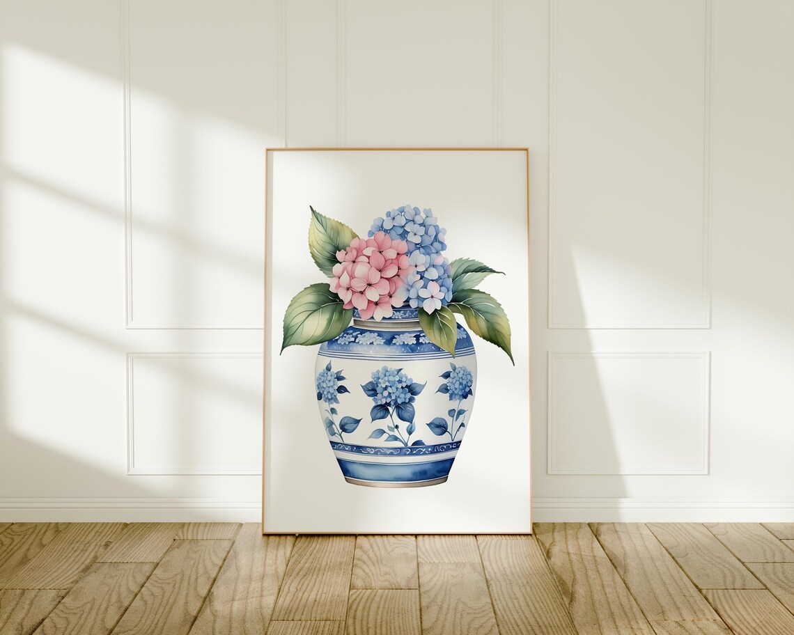 Pink And Blue Hydrangeas In Chinoiserie Vase Watercolor Floral Poster - Image 2