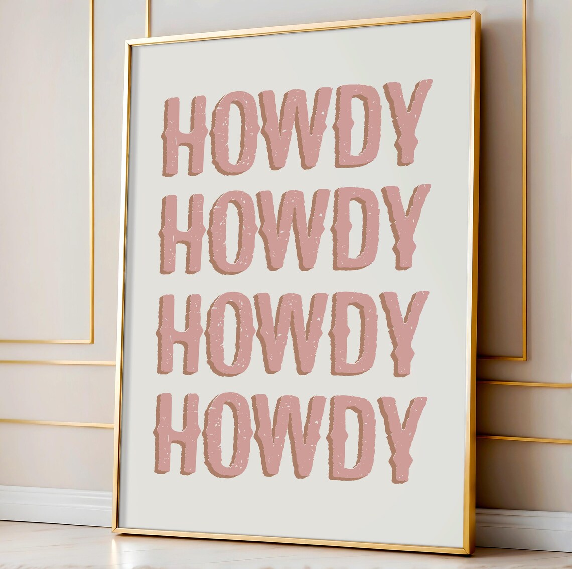 Howdy Repeat Pink Western Lettering Cowgirl Typography Wall Art