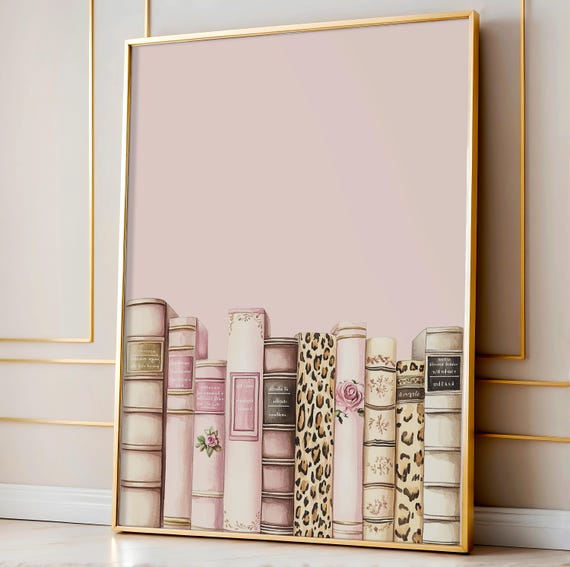 Watercolor Bookshelf Art Pink Library Decor Trendy Book Print Leopard And Floral Books Books Wall Art Preppy Dorm Decor Art