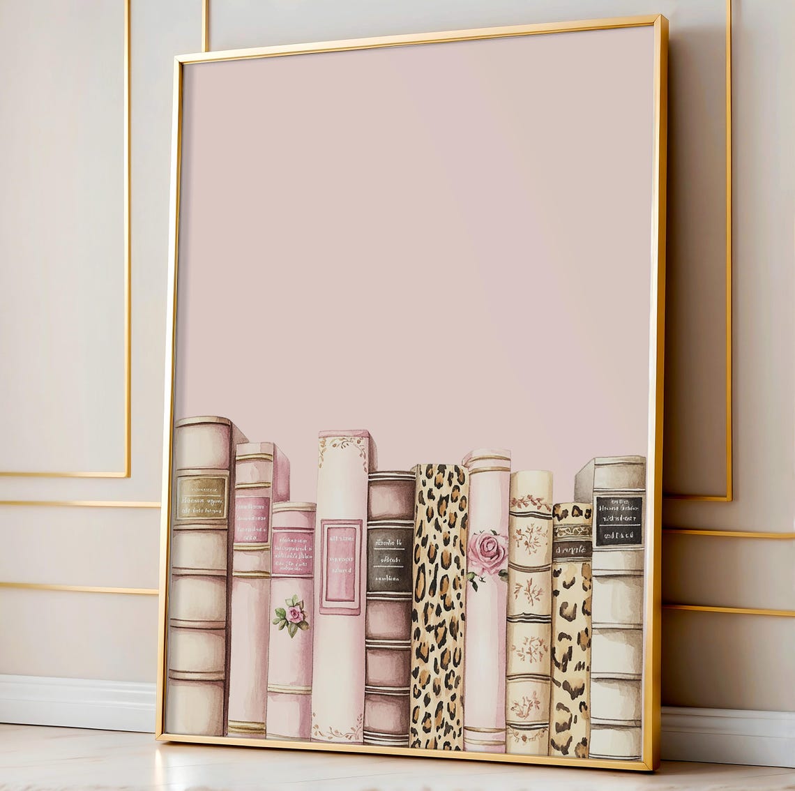 Pink Bookshelf Watercolor Leopard Spines Trendy Library Poster