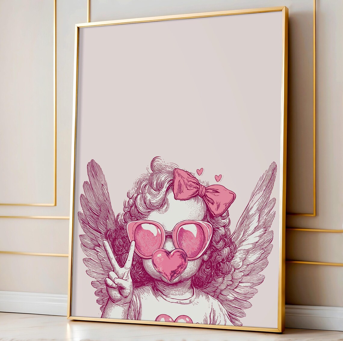 Pink Cupid Girl Peace Sign Heart Sunglasses Valentines Poster - Image 2