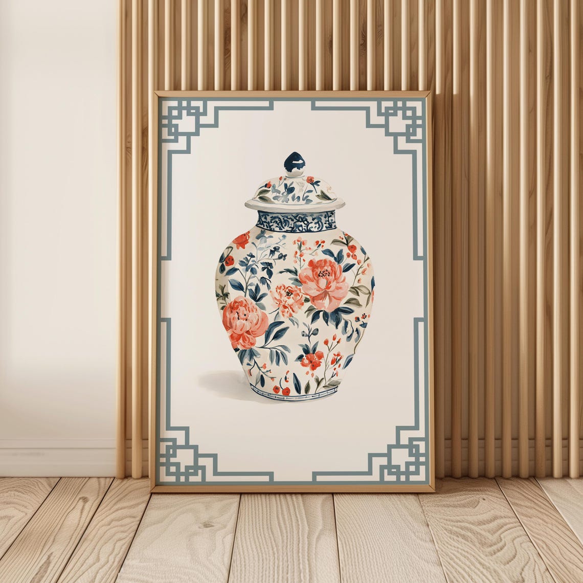 Floral Chinoiserie Ginger Jar Orange Peony Blue Fretwork Wall Art - Image 2
