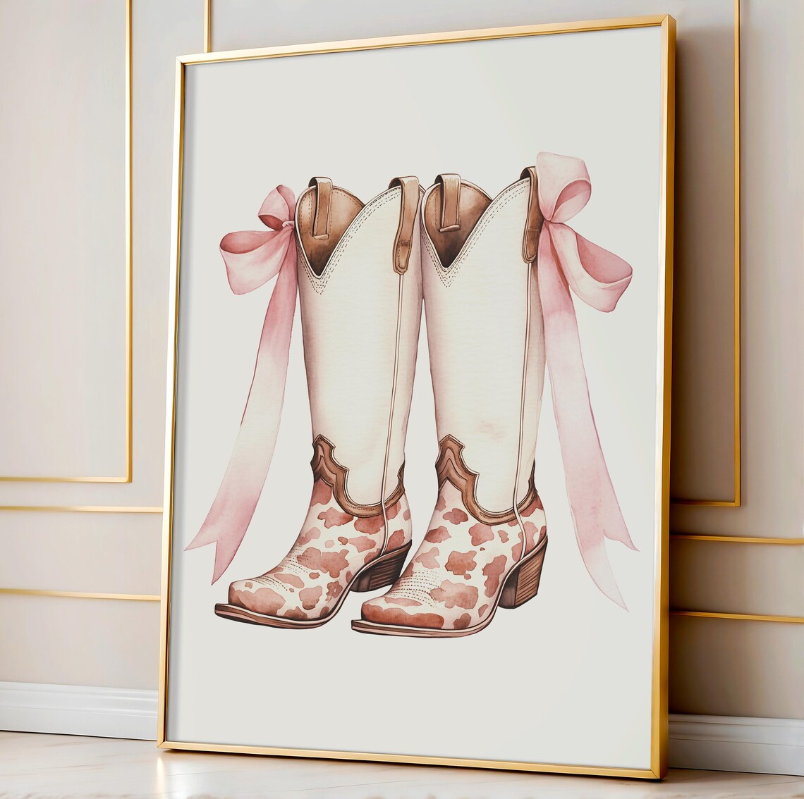 White Cowgirl Boots Cowhide Pattern Pink Ribbon Bow Western Poster